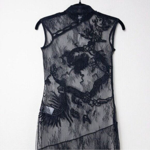NWT Kim Shui Beaded Dragon Lace Maxi Dress XS Black Sheer Sequins Crystal Button - Picture 13 of 16